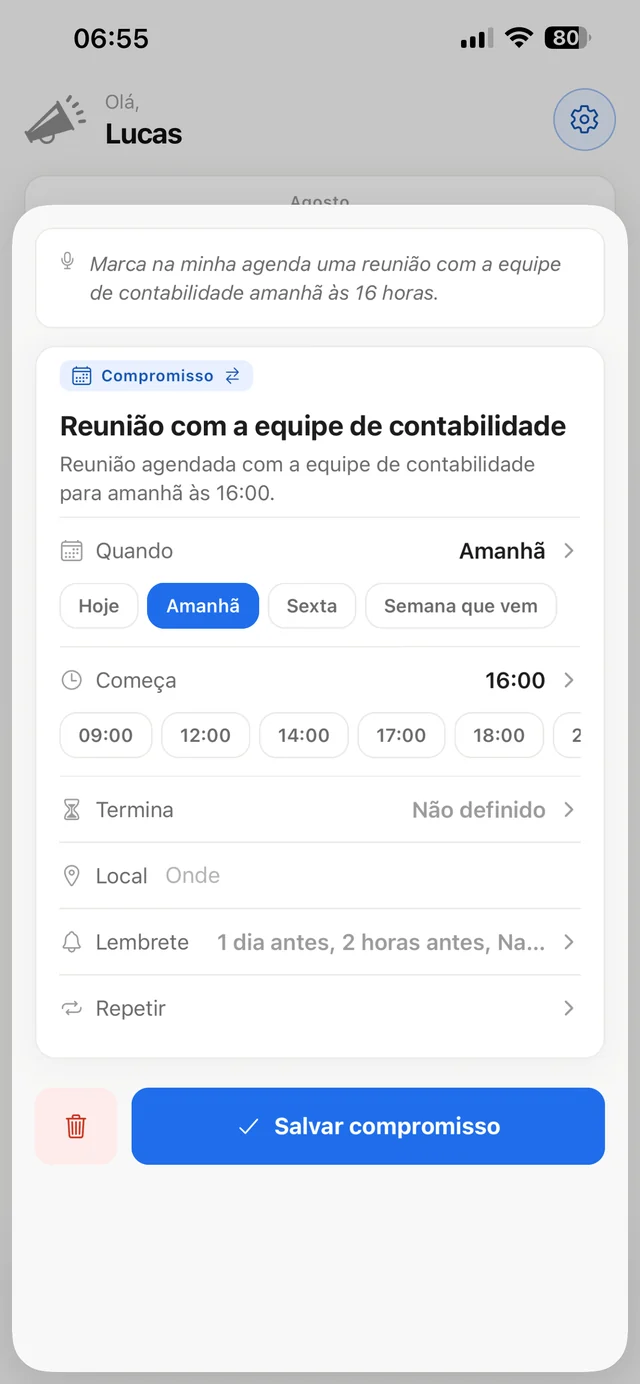 O compromisso já preenchido, pronto para conferir